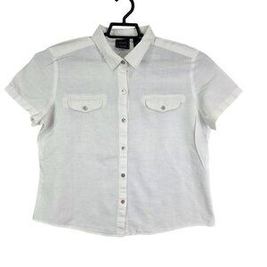Womens White Laura Scott Linen Shirt Button Down Short Sleeve Front Pockets 14